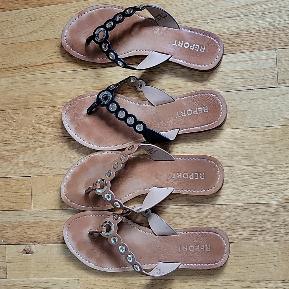 Good Condition 2 pair Size 9 by Report flat flip flops w/gold open circle rivets
